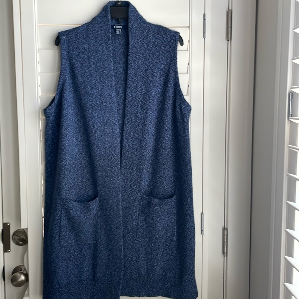 Chaps women’s dark blue Heather open front cardigan duster EUC